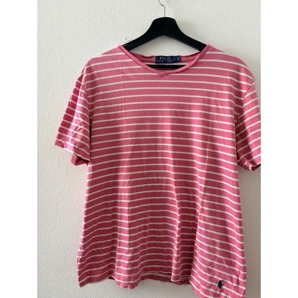Polo Ralph Lauren Men's Pink & White Striped V-Neck T-Shirt - Size Large